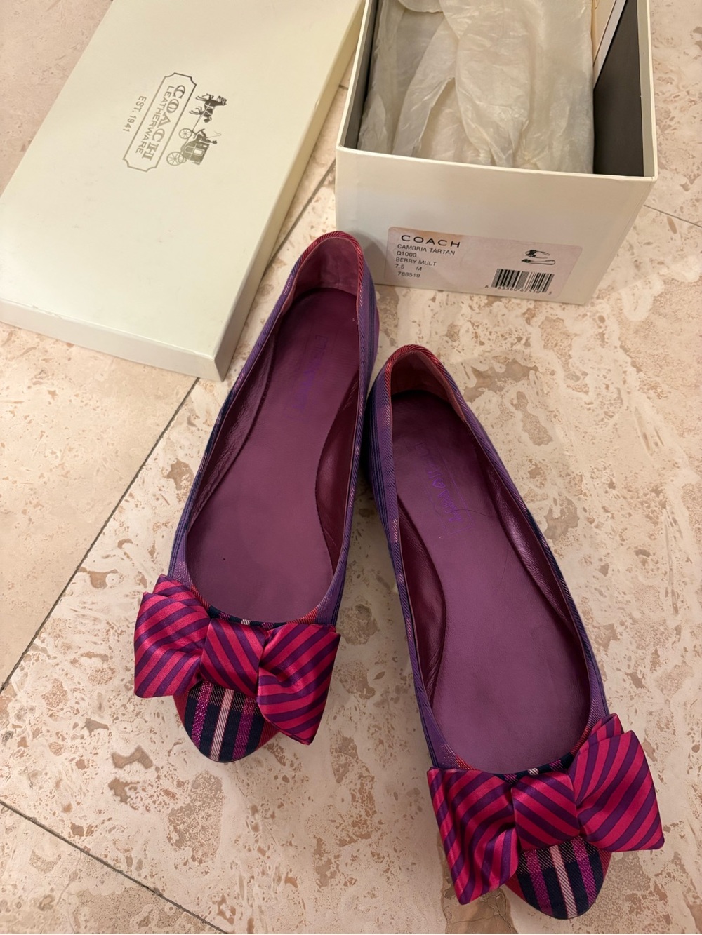 COACH Satin Ballet Flats Bow Berry Multi Size 7.5